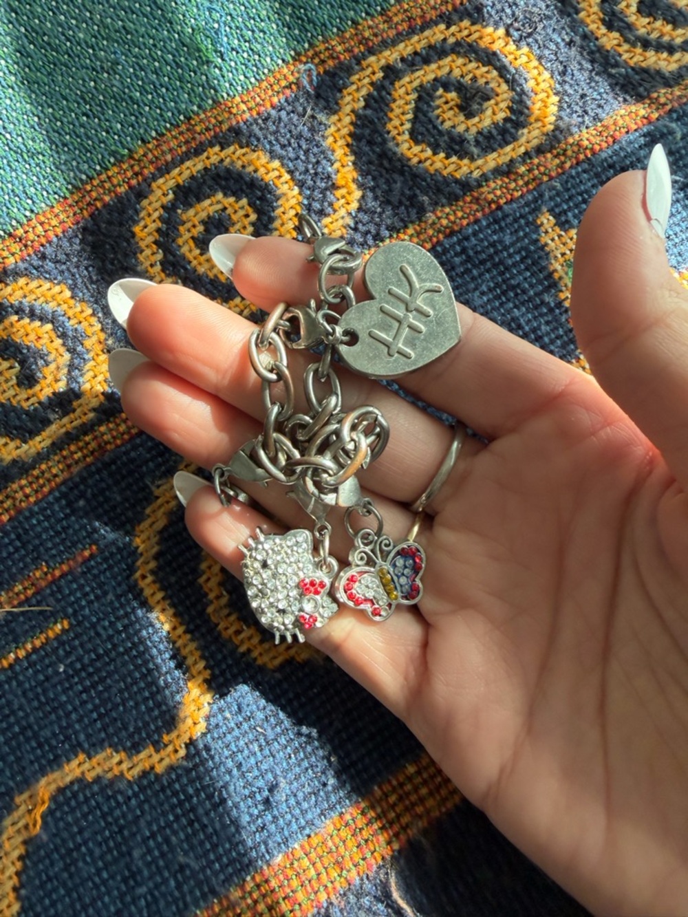 Vintage Y2K Sanrio Silver Charm Bracelet with Crystal Hello Kitty & Butterfly